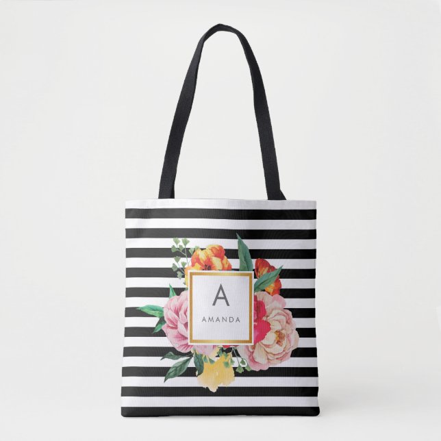 Bolsa Tote Monograma das Flores de Peônias de Preto e Branco (Frente)