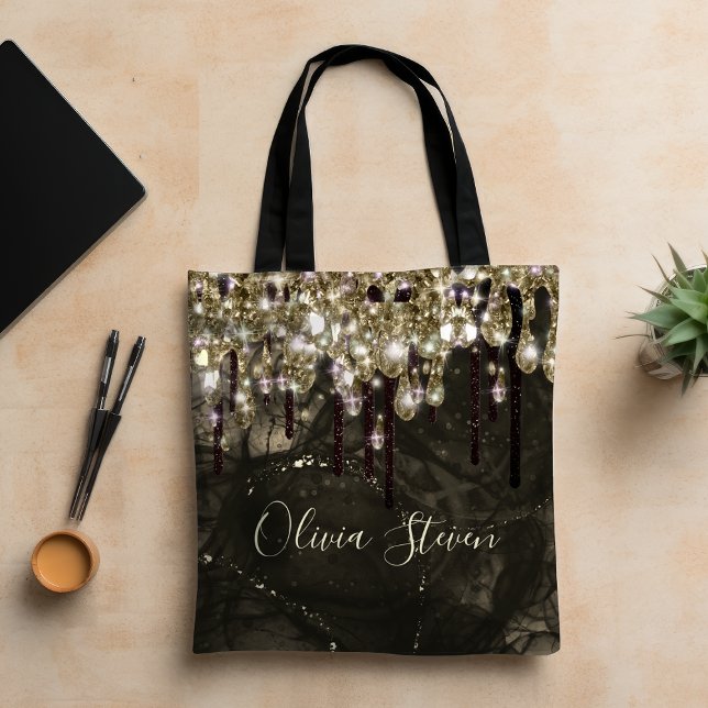 Bolsa Tote Monograma das gotas de ouro preto e cólico (Criador carregado)