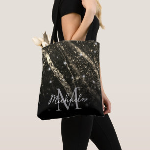 Bolsa Tote Monograma de abstrato chic preto em linha cinzenta