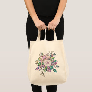 Bolsa Tote Monograma de Aquarela de Pastel Floral Elegante