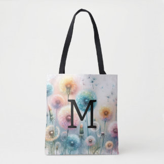 Bolsa Tote Monograma de aquarela floral com dentes-de-leão ro