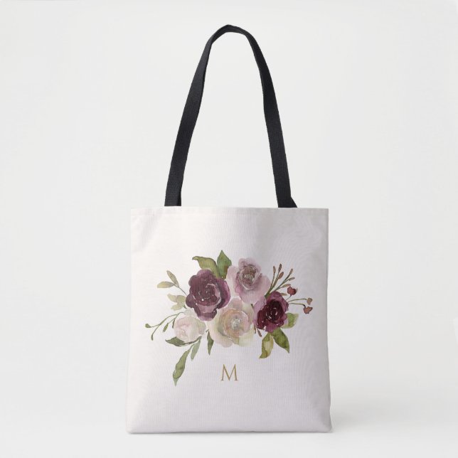 Bolsa Tote Monograma de Aquarela Floral Rosa Moderna (Frente)