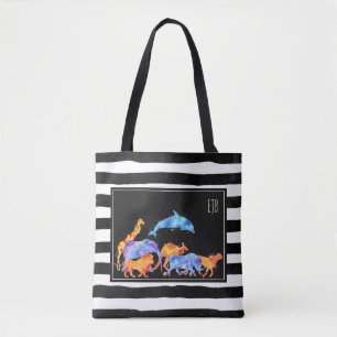 Bolsa Tote Monograma de Aquarelas Coloridas de Animais Selvag