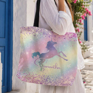 Bolsa Tote Monograma de arte arco-íris branco cor-de-rosa cla