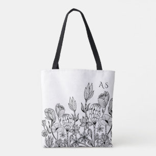 Bolsa Tote Monograma de arte gráfica floral preto moderno