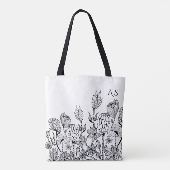 Bolsa Tote Monograma de arte gráfica floral preto moderno (Verso)