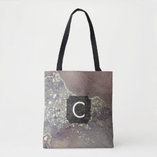 Bolsa Tote Monograma de Arte Líquida Roxo Empoeirado e Prata