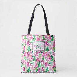 Bolsa Tote Monograma de Árvores de Natal Verdes e Pink