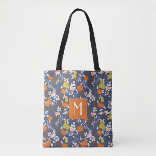 Bolsa Tote Monograma de Aves de Chinoiserie Laranja e Azul