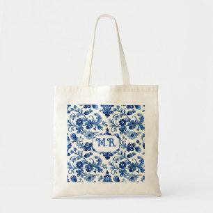 Bolsa Tote Monograma de Azulejo Floral Azul Mediterrâneo