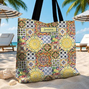 Bolsa Tote Monograma de Azulejos Geométricos Laranja Mediterr