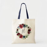 Bolsa Tote Monograma de Bloom Radiante<br><div class="desc">Projetados para combinar com a nossa coleção de Radiant Bloom,  estes bolsas personalizados fazem belos presentes para as suas damas de honra. Personalize com um monograma inicial de solteiro em uma elegante letra manuscrita,  cercada por uma coroa de flores aquáticas em tons ricos de marinho e burgundy.</div>