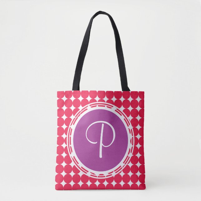 Bolsa Tote Monograma de Bolinhas Roxo e Vermelho (Frente)