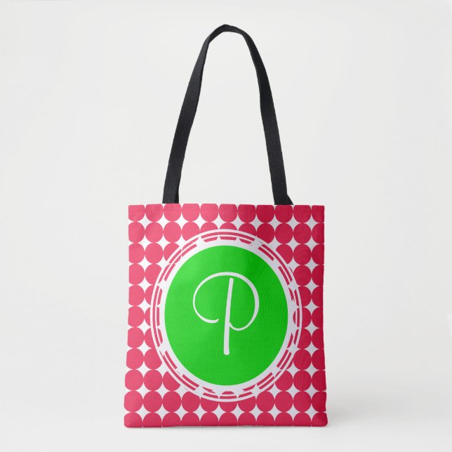 Bolsa Tote Monograma de Bolinhas Verde e Vermelha (Frente)