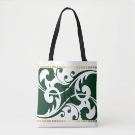 Bolsa Tote Monograma de Borda Dourada Branco e Esmeralda