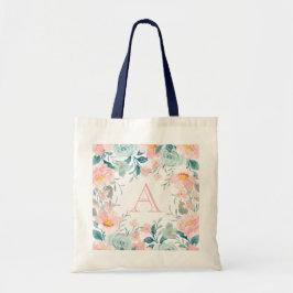 Bolsa Tote Monograma de Borda Floral Rosa e Verde