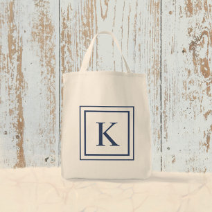Bolsa Tote Monograma de borda quadrada azul-marinho e branco