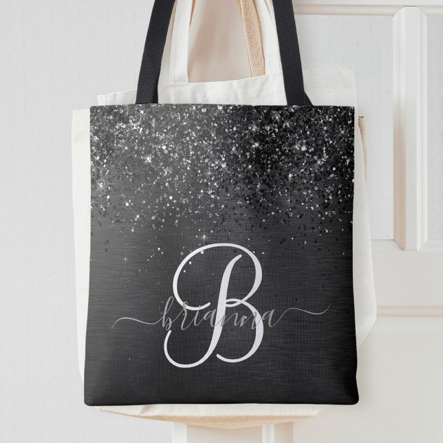 Bolsa Tote Monograma de brilho preto personalizado (Criador carregado)