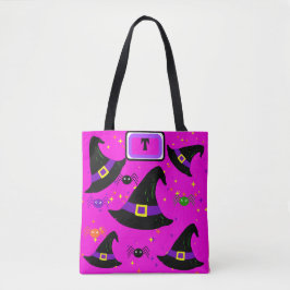 Bolsa Tote Monograma de Bruxas Rosa, Chapéus de Halloween