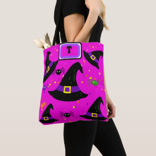 Bolsa Tote Monograma de Bruxas Rosa, Chapéus de Halloween
