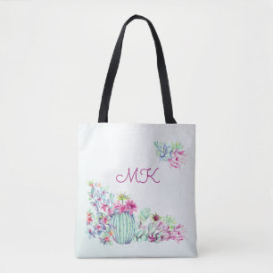 Bolsa Tote Monograma de Cactus e Sucultura com Aquarela
