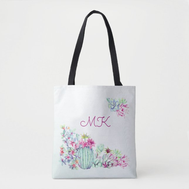 Bolsa Tote Monograma de Cactus e Sucultura com Aquarela (Frente)