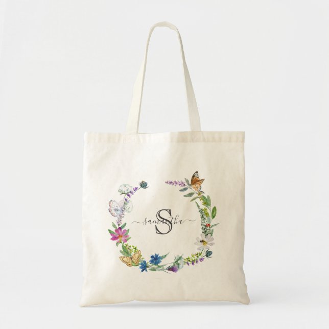 Bolsa Tote Monograma de Caligrafia com Borboletas e Flores (Frente)
