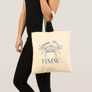 Bolsa Tote Monograma de Caranguejo Azul e Branco Costeiro