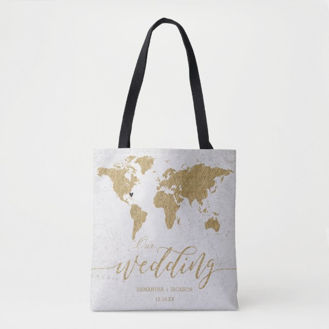 Bolsa Tote Monograma de Casamento de Destino do Mapa Mundial  (Frente)