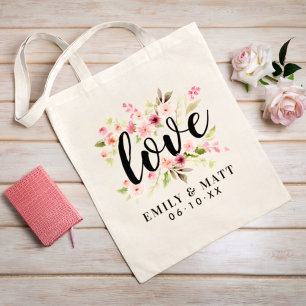 Bolsa Tote Monograma de casamento de flores de água-tinta ros