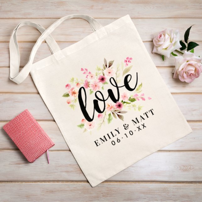 Bolsa Tote Monograma de casamento de flores de água-tinta ros (Criador carregado)