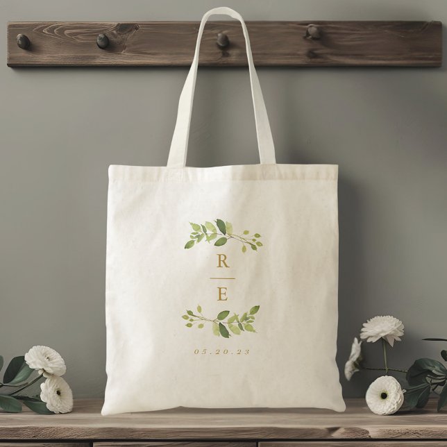 Bolsa Tote Monograma de Casamento Dourado e Verde (Criador carregado)