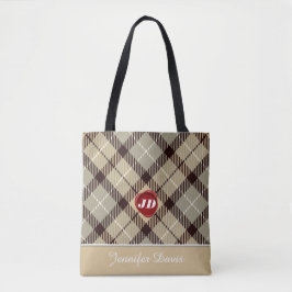 Bolsa Tote Monograma de Cera Vermelha Nome Xadrez Tartan Tren
