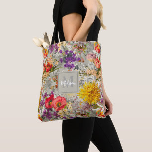 Bolsa Tote Monograma de cinzas florais púrpura elegante