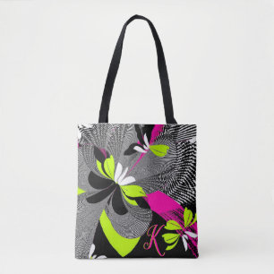 Bolsa Tote Monograma de Design preto-e-rosa-quente e na moda