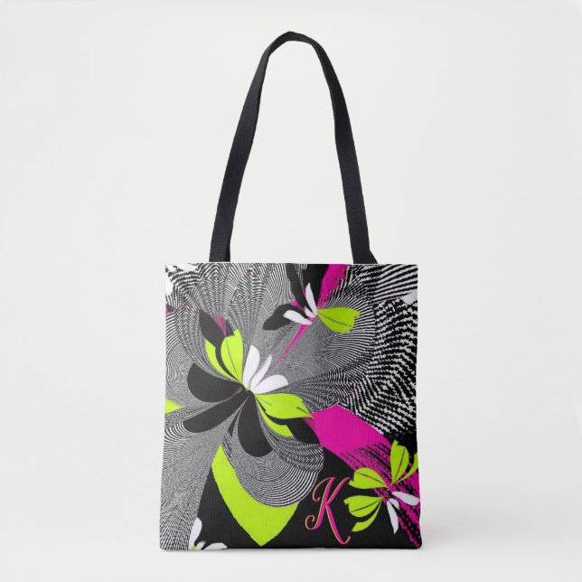 Bolsa Tote Monograma de Design preto-e-rosa-quente e na moda (Frente)