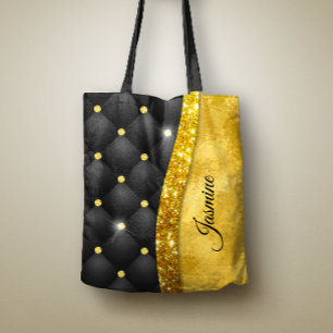 Bolsa Tote Monograma de diamante preto brilhante Dourado, fal