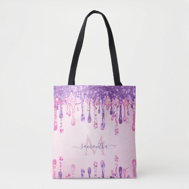 Bolsa Tote Monograma de Drives Sparkle Rosa e Roxo Duplo Glit (Frente)