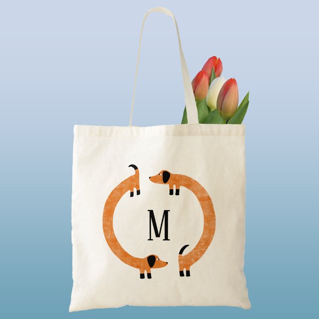 Bolsa Tote Monograma de Enchimento Engraçado (Funny Dachshund Wiener Sausage Dog monogram initial personalized tote bag)