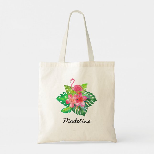 Bolsa Tote Monograma de Flamingo Tropical Floral (Verso)