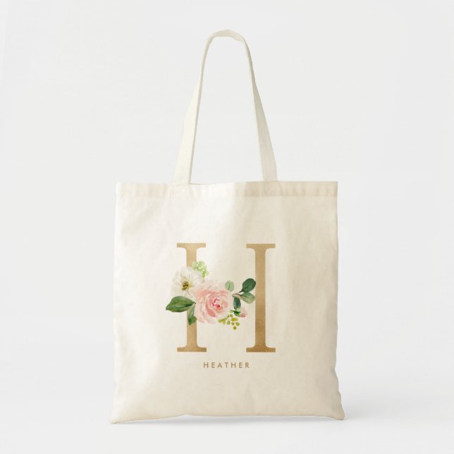 Bolsa Tote Monograma de Flor de Peônia Letra H Dourada Damas  (Frente)