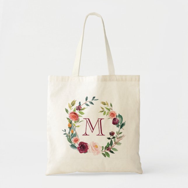 Bolsa Tote Monograma de flores de aquarelas (Frente)