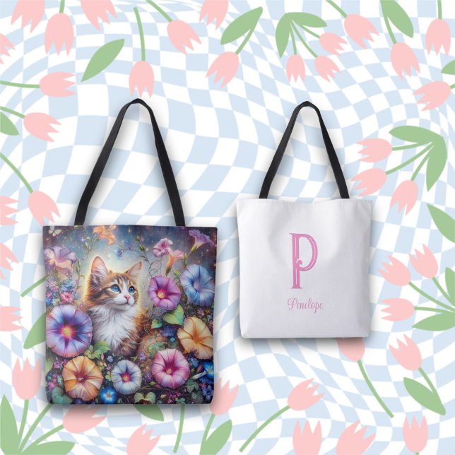 Bolsa Tote Monograma de Flores de Gato Chic (Criador carregado)