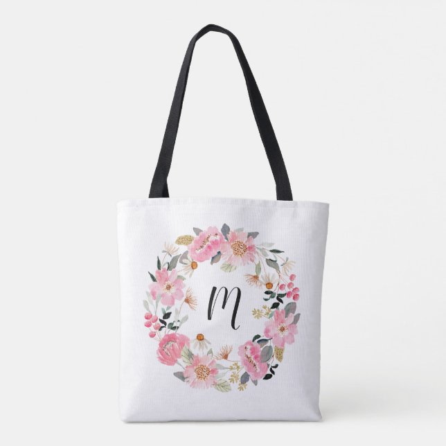 Bolsa Tote Monograma de Flores de Jardim Rosa (Verso)