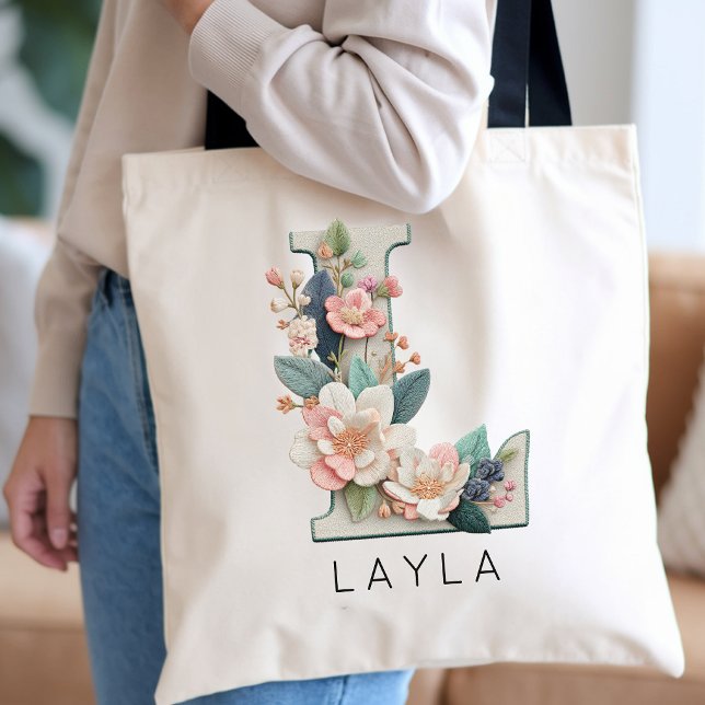Bolsa Tote Monograma de Flores Personalizado Presente para as (Personalized Flower Monogram Wedding Favor Tote | Shabby Chic Floral Initial Tote Bag for Grandma)