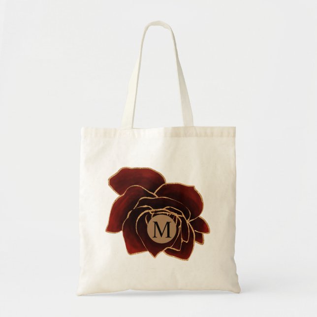 Bolsa Tote monograma de folha de rosa de ouro burgundy faux (Frente)