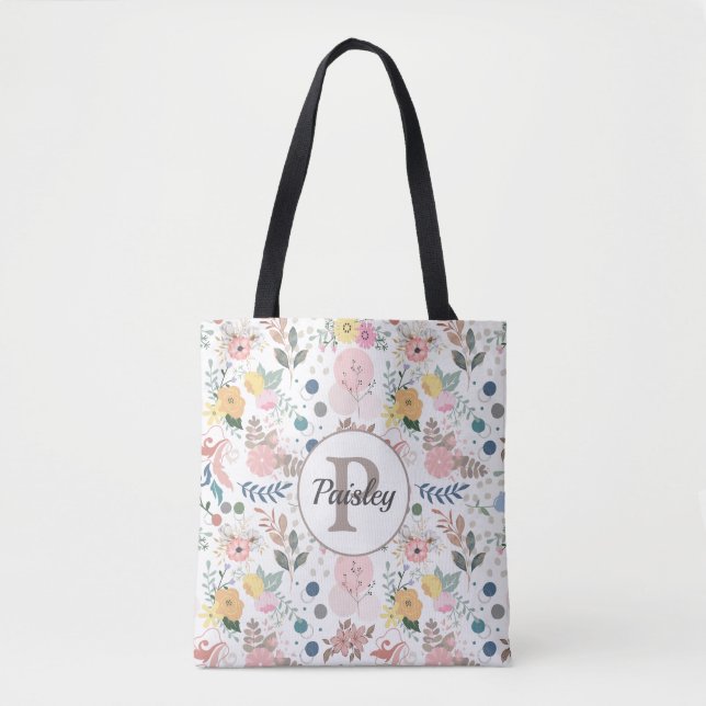 Bolsa Tote Monograma de Folha Floral de Cor Aquosa Elegante (Frente)