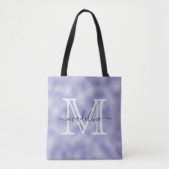 Bolsa Tote Monograma de Folha Roxa de Script Moderno (Frente)