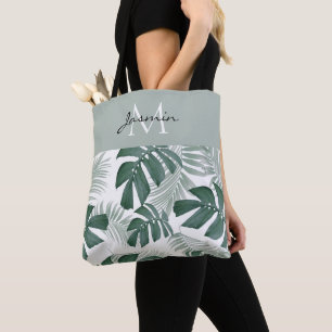 Bolsa Tote Monograma de Folha Tropical Verde Sage Moderna