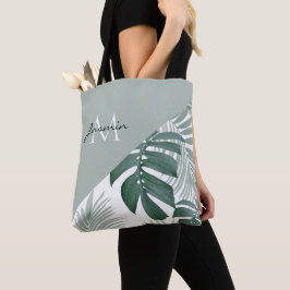 Bolsa Tote Monograma de Folha Tropical Verde Sage Moderna